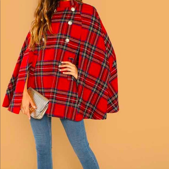 Shein Double Button Plaid Cape Coat 